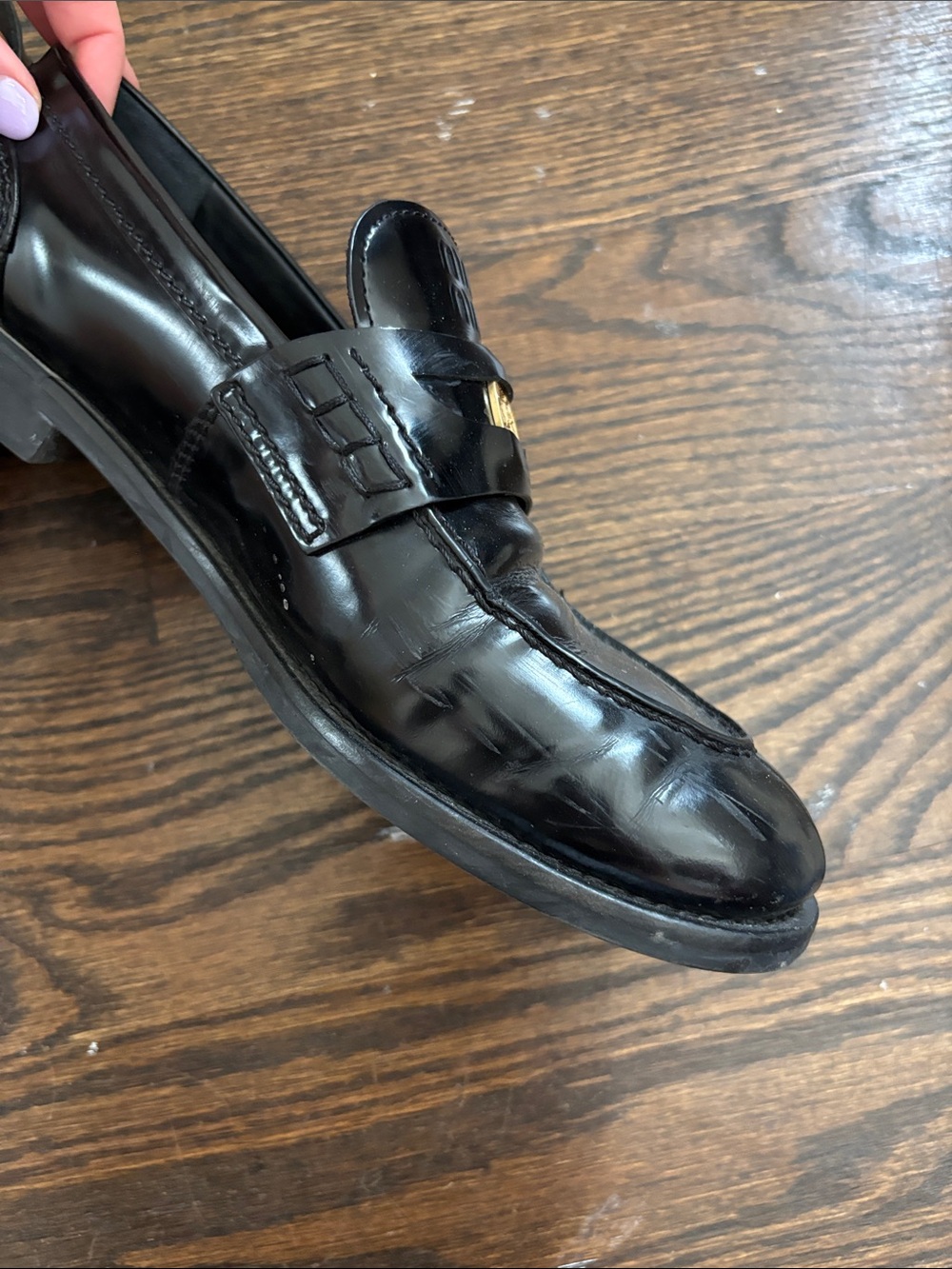 Miu Miu Black Leather Penny Loafers with Gold Accent - Picture 5 of 12